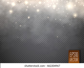 Fog or smoke with glow light isolated transparent special effect. White vector cloudiness, mist or smog background. Magic template. Vector illustration