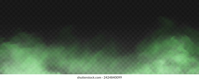 Fog or smoke, green smog clouds on floor, isolated transparent special effect. Vector illustration, morning fog over land or water surface, magic haze.