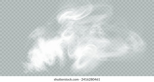 Nebel oder Rauch einzeln auf transparentem Hintergrund mit besonderem Overlay-Effekt. Weiße Vektorrauchwolken, Nebel- oder Smoghintergrund. Vektorgrafik