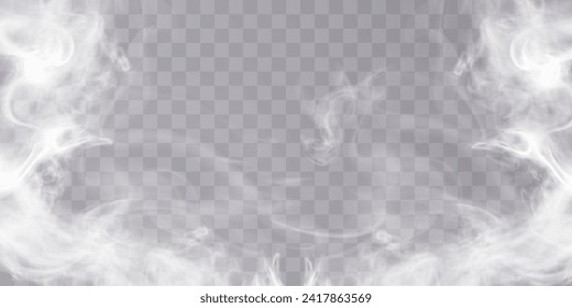 Fog or smoke isolated on transparent background with special overlay effect. White vector smoke cloudiness, fog or smog background. Vector
