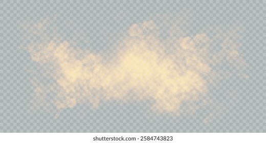 Fog or smoke isolated transparent background. Yellow cloud, mist, smog, dust, steam. Vector 10 EPS