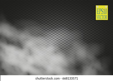 Fog or smoke isolated transparent special effect. White vector cloudiness, mist or smog background. Vector illustration