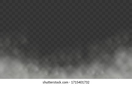 Fog or smoke isolated vector transparent special effect. Realistic smoke, haze, mist or cloudiness affect. Transparent clouds spring sunny weather cloudscape special effect, mist or smog background.