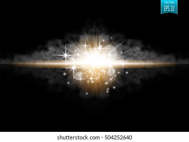 Fog or smoke, lighting flare isolated transparent special effect. White vector cloudiness, mist or smog background. Vector illustration