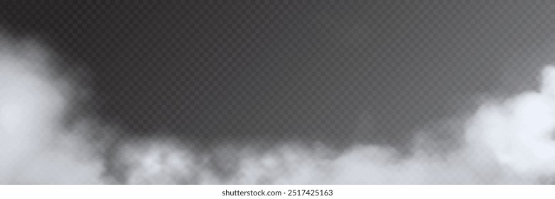 Fog, smoke on transparent background, panoramic view, vector design