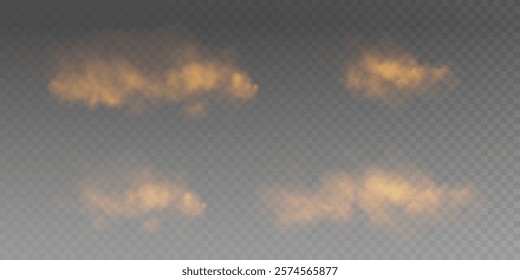 Fog or smoke, orange smog cloud on floor, isolated transparent special effect. Vector illustration, morning fog over land or water surface, magic haze.	