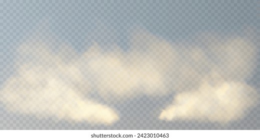 Fog or smoke, orange smog clouds on floor, isolated transparent special effect. Vector illustration, morning fog over land or water surface, magic haze.