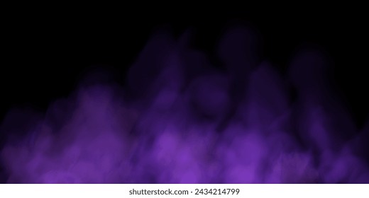 Fog or smoke, purple smog cloud on isolated transparent special effect. Vector illustration, morning fog over land or water surface, magic haze.	