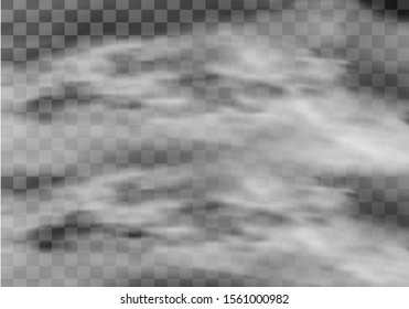 Fog or smoke realistic texture vector illustration. White steam cloud or mist on a dark transparent background, natural effect isolated border