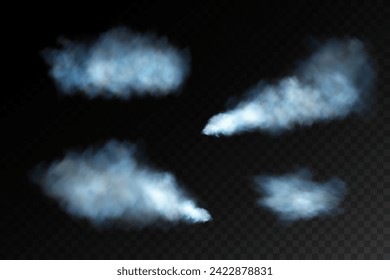 Fog or smoke, white and blue smog clouds on floor, isolated transparent special effect. Vector illustration, morning fog over land or water surface, magic haze.