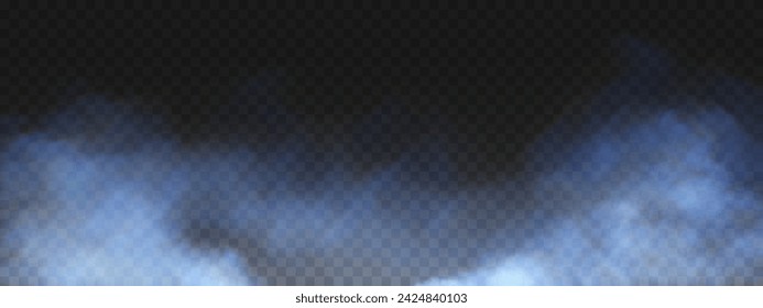 Fog or smoke, white and blue smog clouds on floor, isolated transparent special effect. Vector illustration, morning fog over land or water surface, magic haze.