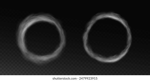 Fog or smoke, white ring of smog cloud, on isolated transparent special effect. Vector illustration, smoke cloud as ring, magic haze.	