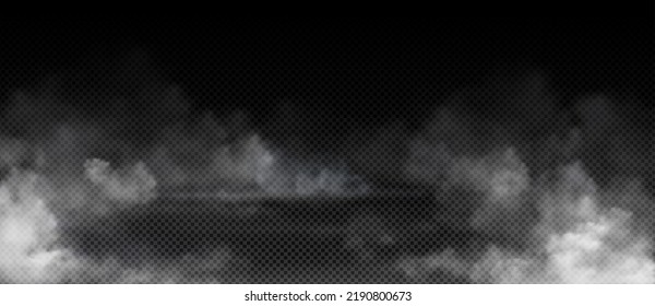 Fog, smoke, white smog clouds on floor, morning mist over the ground or water surface perspective view. Isolated steam circle at night club, magic haze, natural evaporation Realistic 3d vector - Shutterstock ID 2190800673