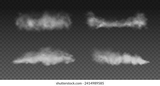 Fog or smoke, white smog clouds on floor, isolated transparent special effect. Vector illustration, morning fog over land or water surface, magic haze.	