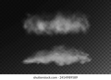 Niebla o humo, nubes de smog blancas en el suelo, efecto especial transparente aislado. Ilustración vectorial, niebla matutina sobre la superficie terrestre o acuática, bruma mágica.	