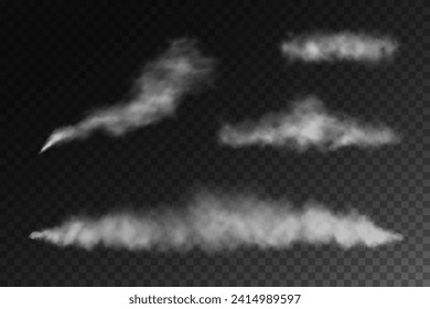 Fog or smoke, white smog clouds on floor, isolated transparent special effect. Vector illustration, morning fog over land or water surface, magic haze.	