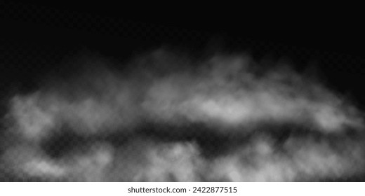 Fog or smoke, white smog clouds on floor, isolated transparent special effect. Vector illustration, morning fog over land or water surface, magic haze.	