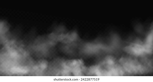 Fog or smoke, white smog clouds on floor, isolated transparent special effect. Vector illustration, morning fog over land or water surface, magic haze.	
