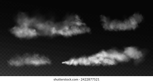 Fog or smoke, white smog clouds on floor, isolated transparent special effect. Vector illustration, morning fog over land or water surface, magic haze.	