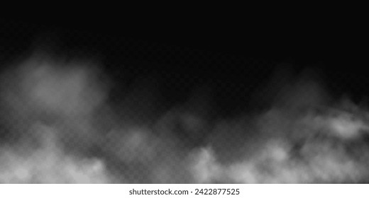 Fog or smoke, white smog clouds on floor, isolated transparent special effect. Vector illustration, morning fog over land or water surface, magic haze.	