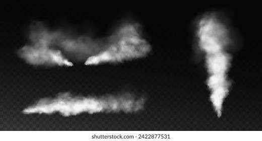 Niebla o humo, nubes de smog blancas en el suelo, efecto especial transparente aislado. Ilustración vectorial, niebla matutina sobre la superficie terrestre o acuática, bruma mágica.	