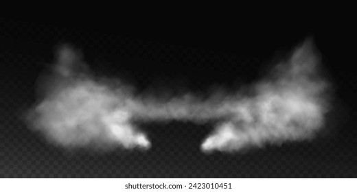 Niebla o humo, nubes de smog blancas en el suelo, efecto especial transparente aislado. Ilustración vectorial, niebla matutina sobre la superficie terrestre o acuática, bruma mágica.	
