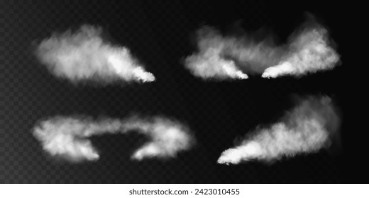Fog or smoke, white smog clouds on floor, isolated transparent special effect. Vector illustration, morning fog over land or water surface, magic haze.	