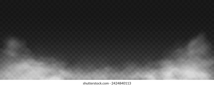 Fog or smoke, white smog clouds on floor, isolated transparent special effect. Vector illustration, morning fog over land or water surface, magic haze.