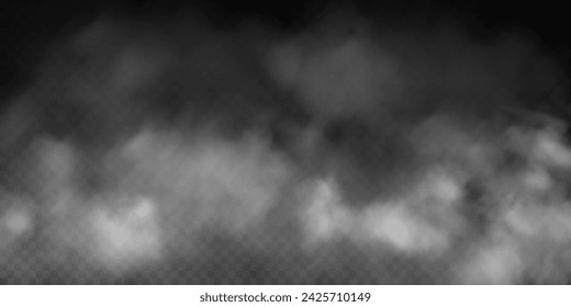 Fog or smoke, white smog clouds on floor, isolated transparent special effect. Vector illustration, morning fog over land or water surface, magic haze.	