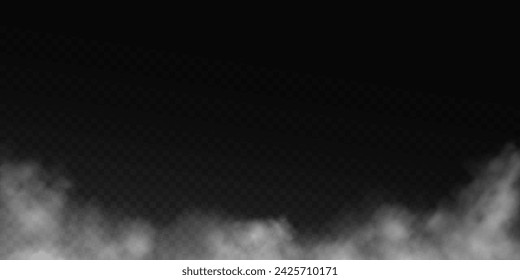 Fog or smoke, white smog clouds on floor, isolated transparent special effect. Vector illustration, morning fog over land or water surface, magic haze.	