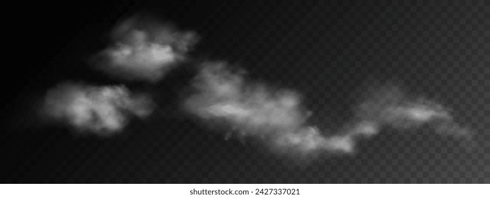 Fog or smoke, white smog clouds on floor, isolated transparent special effect. Vector illustration, morning fog over land or water surface, magic haze.	