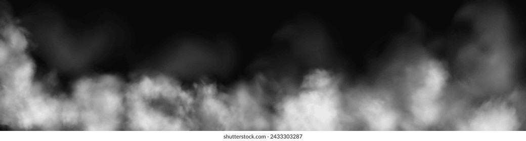 Fog or smoke, white smog clouds on floor, isolated transparent special effect. Vector illustration, morning fog over land or water surface, magic haze.	