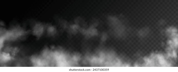 Fog or smoke, white smog clouds on floor, isolated transparent special effect. Vector illustration, morning fog over land or water surface, magic haze.	