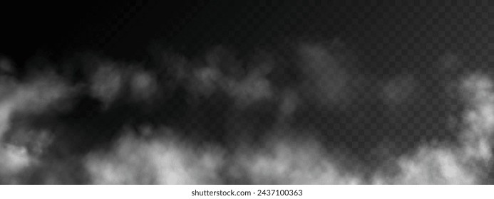 Fog or smoke, white smog clouds on floor, isolated transparent special effect. Vector illustration, morning fog over land or water surface, magic haze.	