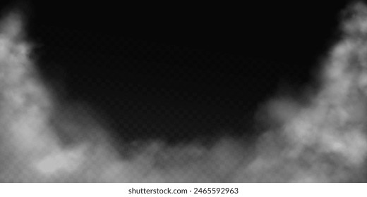 Fog or smoke, white smog clouds on floor, isolated transparent special effect. Vector illustration, morning fog over land or water surface, magic haze.	