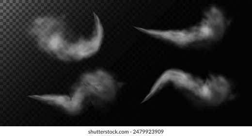 Fog or smoke, white smog clouds on floor, isolated transparent special effect. Vector illustration, morning fog over land or water surface, magic haze.	