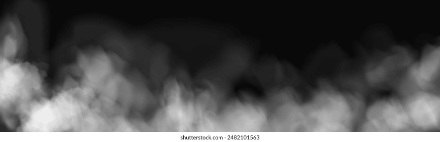 Fog or smoke, white smog clouds on floor, isolated transparent special effect. Vector illustration, morning fog over land or water surface, magic haze.	
