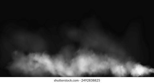 Fog or smoke, white smog clouds on floor, isolated transparent special effect. Vector illustration, morning fog over land or water surface, magic haze.	