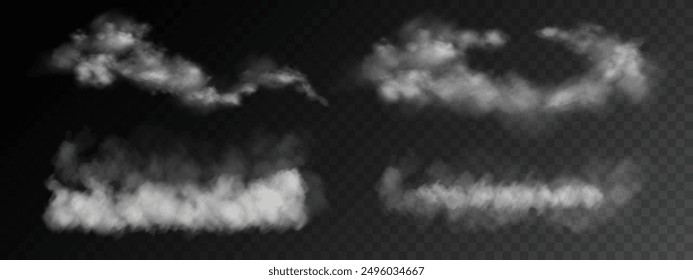 Fog or smoke, white smog clouds on floor, isolated transparent special effect. Vector illustration, morning fog over land or water surface, magic haze.	