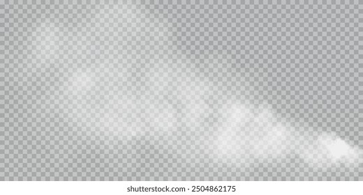 Fog or smoke, white smog clouds on floor, isolated transparent special effect. Vector illustration, morning fog over land or water surface, magic haze.	