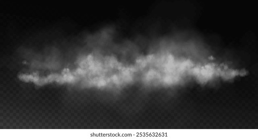 Fog or smoke, white smog clouds on floor, isolated transparent special effect. Vector illustration, morning fog over land or water surface, magic haze.	