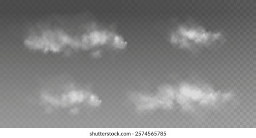 Fog or smoke, white smog clouds on floor, isolated transparent special effect. Vector illustration, morning fog over land or water surface, magic haze.	