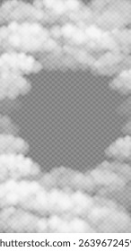 Fog, smoke, white smog clouds social media stories template. Morning mist over the ground or water surface frame with copy space. Steam at night club, magic haze, natural evaporation. Realistic 3d