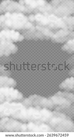 Fog, smoke, white smog clouds social media stories template. Morning mist over the ground or water surface frame with copy space. Steam at night club, magic haze, natural evaporation. Realistic 3d