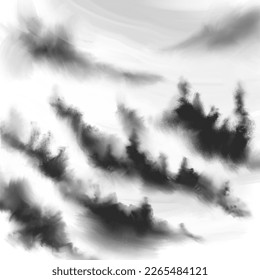 Fog in the spruce forest. Beautiful mysterious landscape. Vector illustration hand-drawn. Design of background, cover, template, postcard, photo wallpaper, book illustration.