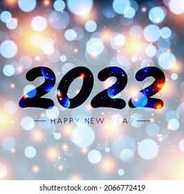 Fogged glass 2022 sign on colorful bokeh background. Vector festive illustration.