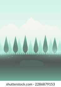 Foggy Alps landscape with rural road, roadside trees, green meadow and mountains.