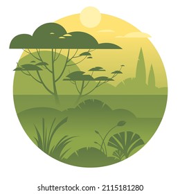 Foggy dawn in savannah or rainforest. Background vector illustration in a circle for landing page mockup or flat design advertising banner.