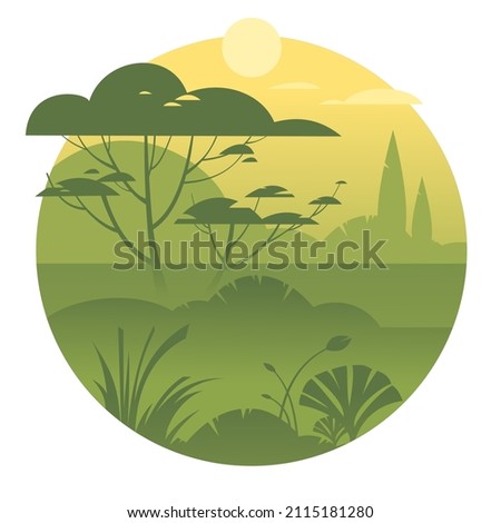 Foggy dawn in savannah or rainforest. Background vector illustration in a circle for landing page mockup or flat design advertising banner.