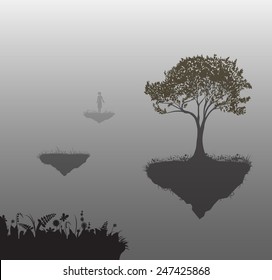 in  the foggy dreams, girl standing faraway between flying rock, tree and summer flower on flying rock, vector, black and white, shadows